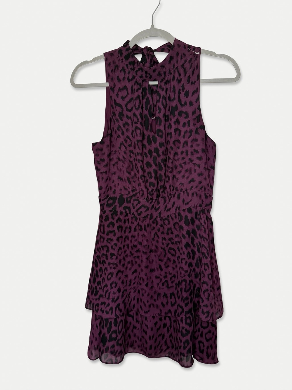 Parker XS Purple Leopard Animal Print Tie Neck Tiered Mini Dress